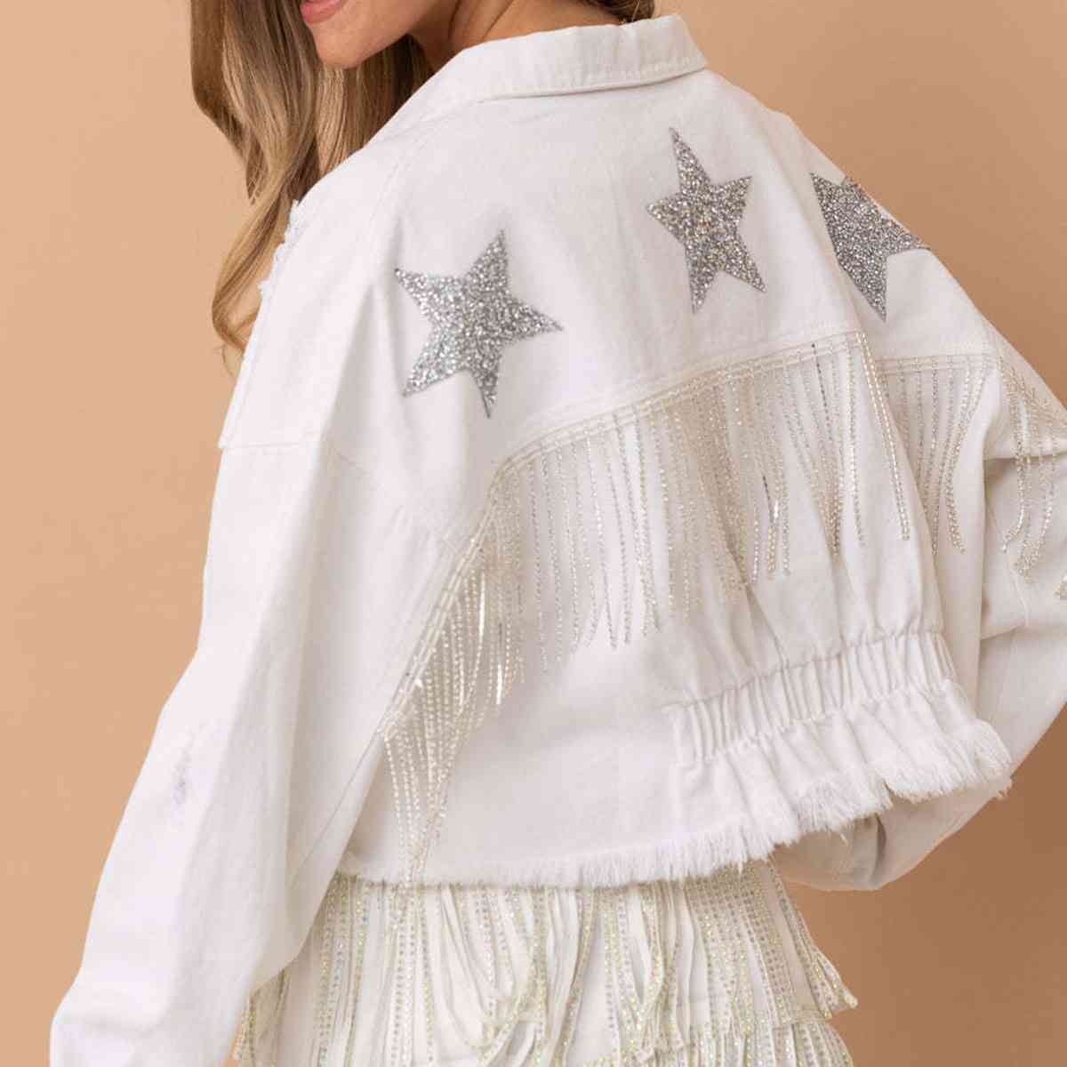 Star Raw Hem Fringe Detail Denim Jacket Top Shirt