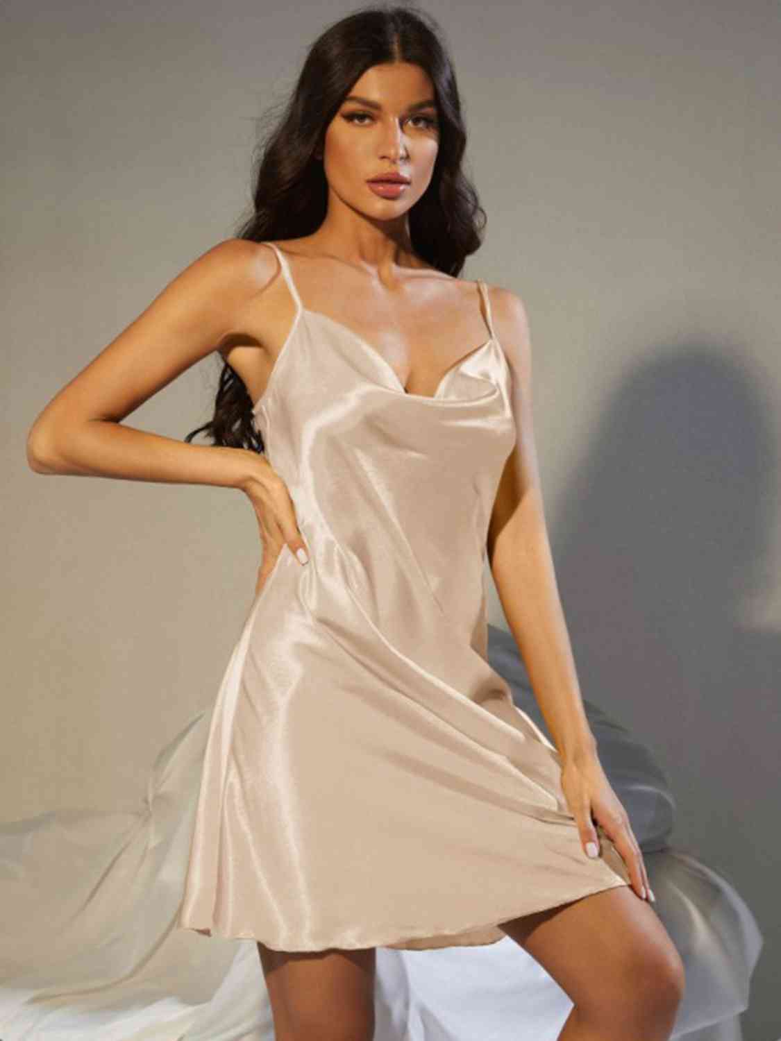 Spaghetti Strap Cowl Neck Satin Night Dress Lingerie