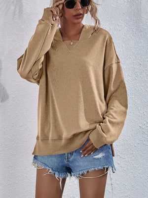 Dropped Shoulder Slit Hoodie Top Shirt