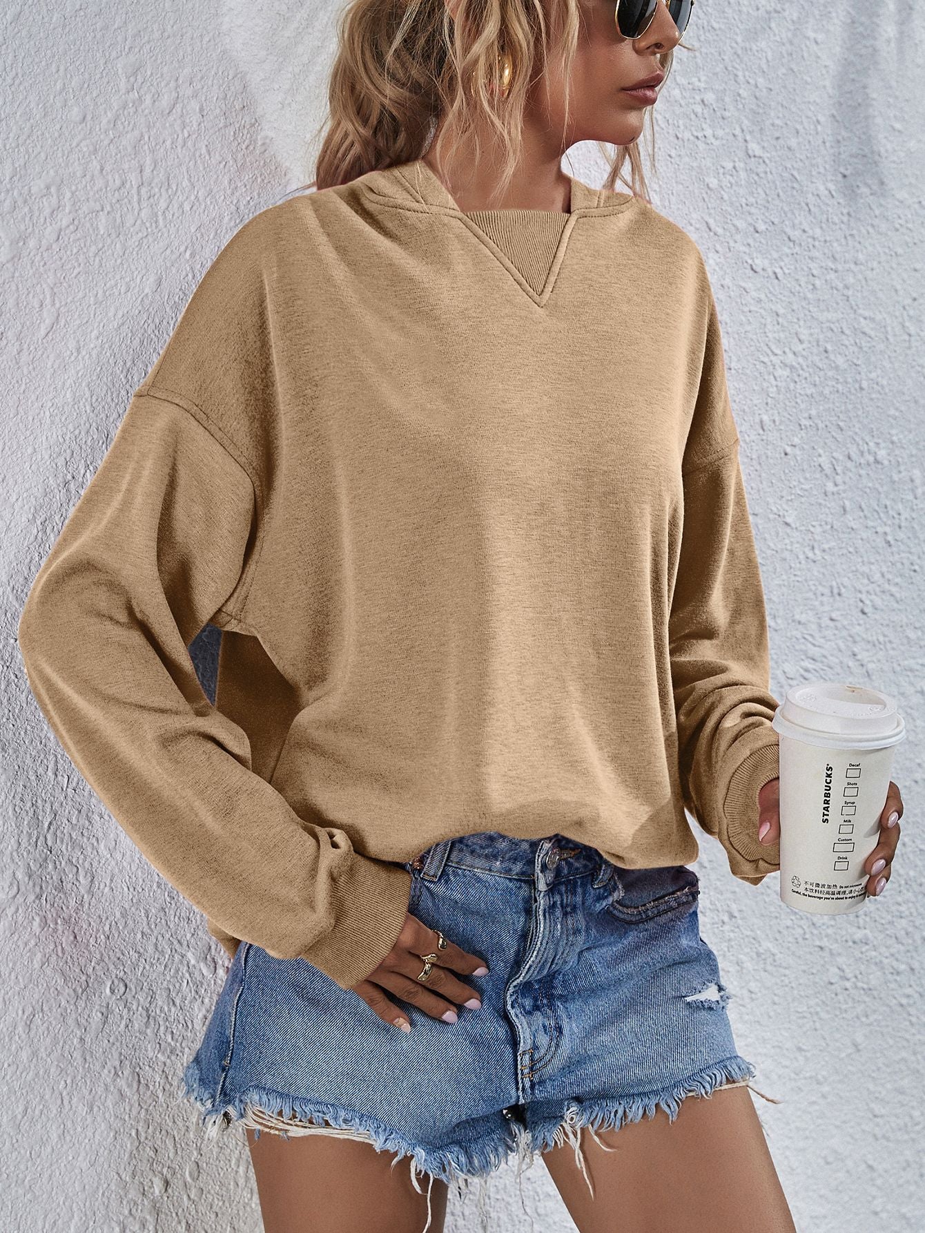 Dropped Shoulder Slit Hoodie Top Shirt