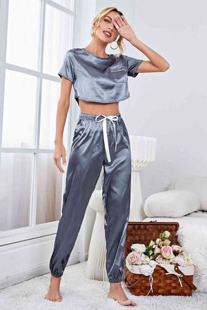 Satin Short Sleeve Crop Top and Joggers Lounge Set Lingerie