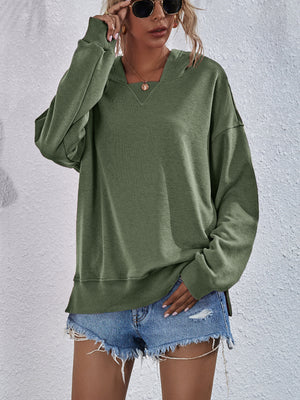 Dropped Shoulder Slit Hoodie Top Shirt