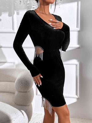 Fringe Detail Cutout Long Sleeve Dress