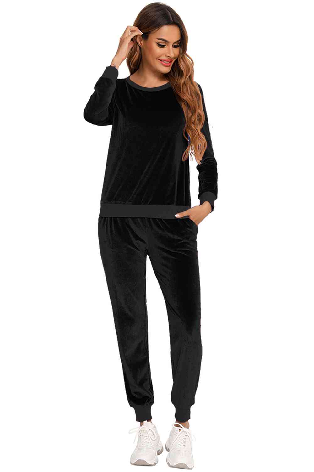 Round Neck Long Sleeve Loungewear Set with Pockets Lingerie