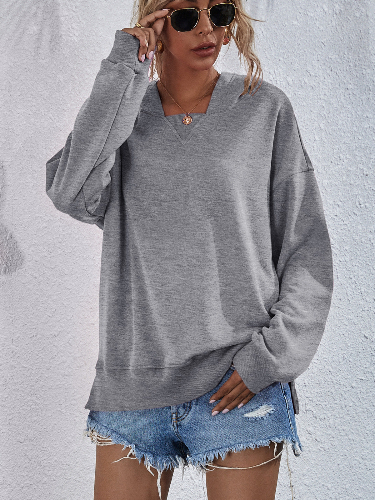 Dropped Shoulder Slit Hoodie Top Shirt