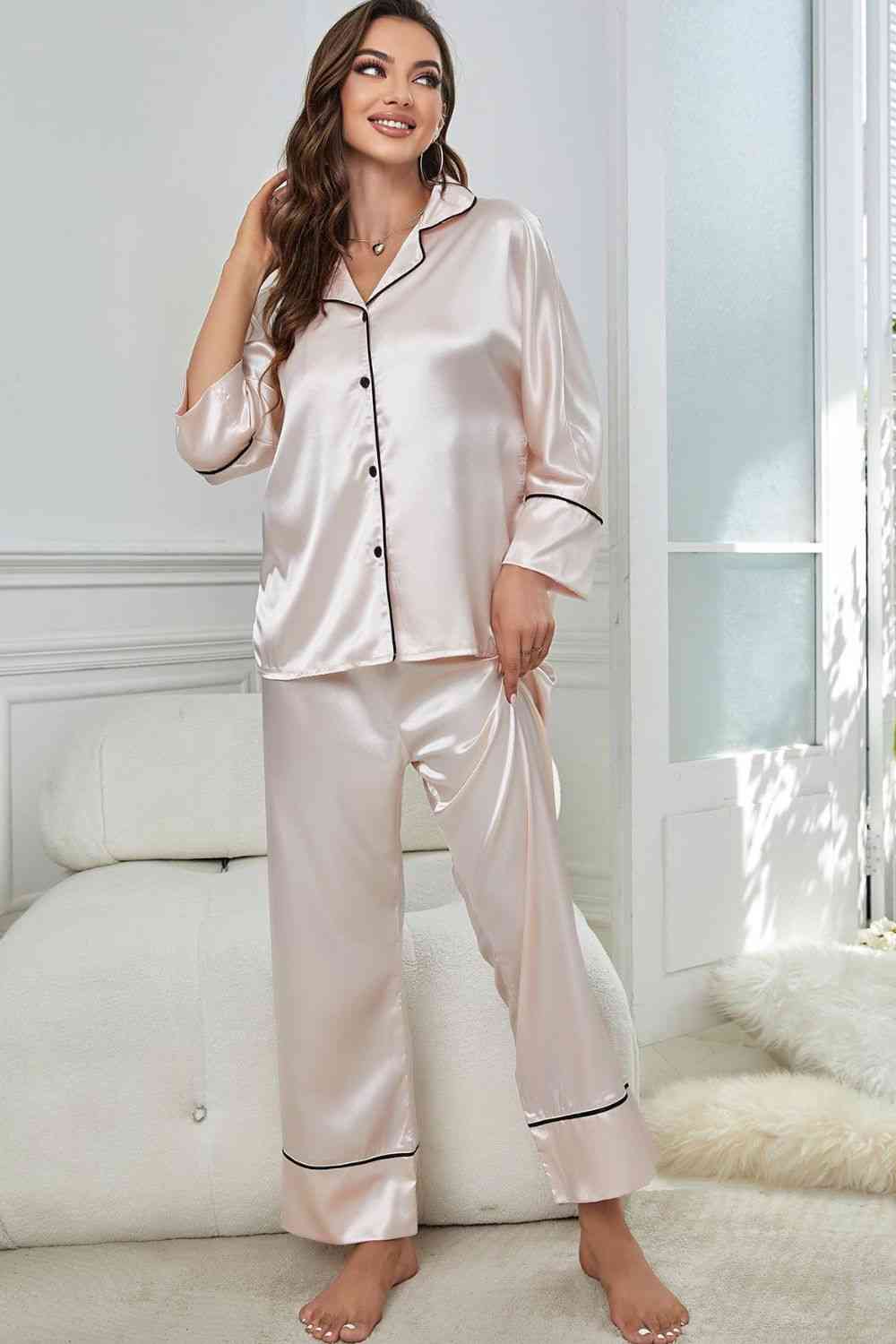 Contrast Piping Button-Up Top and Pants Pajama Set Lingerie