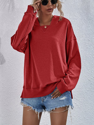 Dropped Shoulder Slit Hoodie Top Shirt