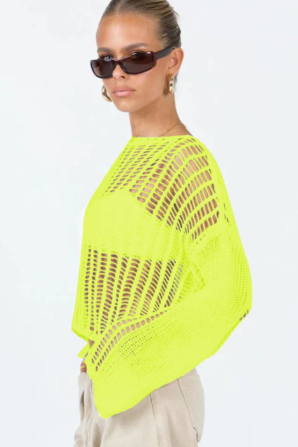 Openwork Boat Neck Long Sleeve Cover Up Shirt