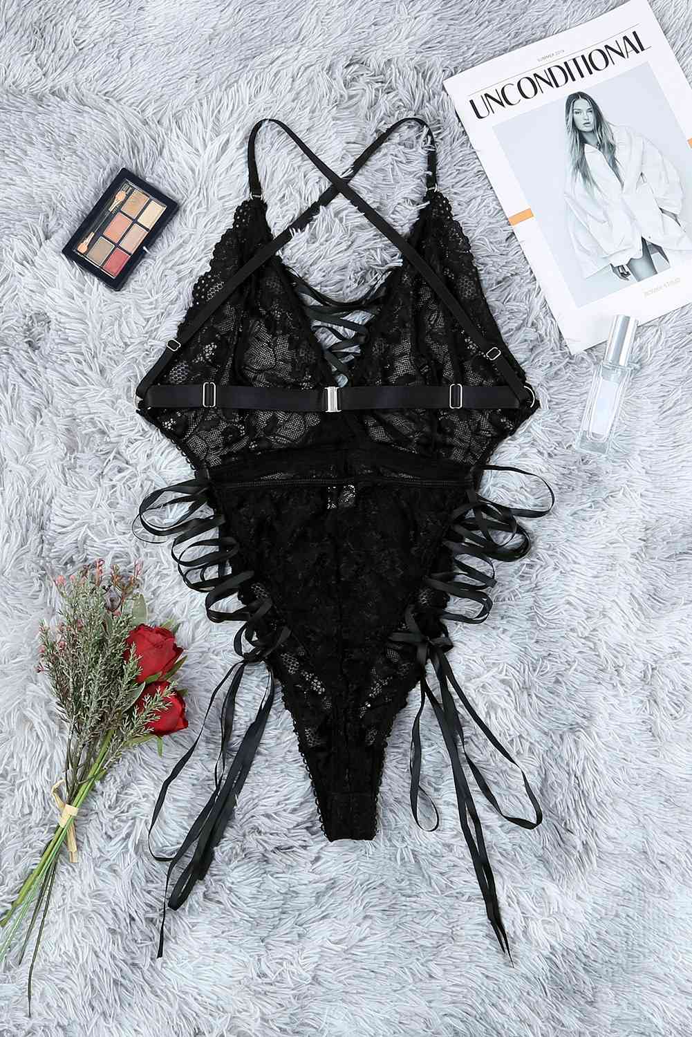 Crisscross Lace-Up Lace Teddy Lingerie