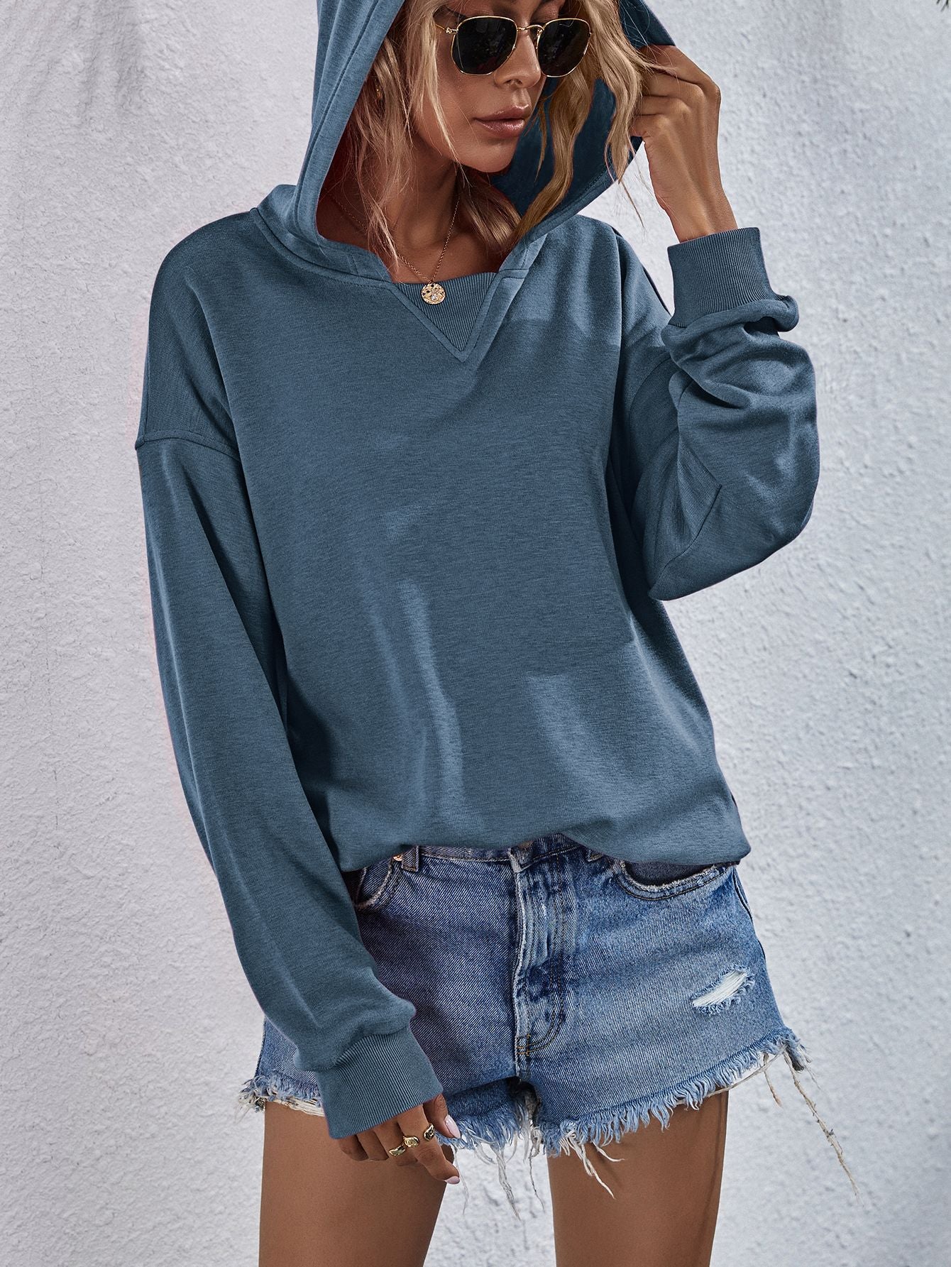 Dropped Shoulder Slit Hoodie Top Shirt