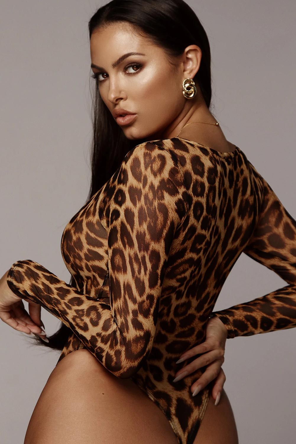 Scoop Neck Cheetah Mesh Bodysuit Lingerie