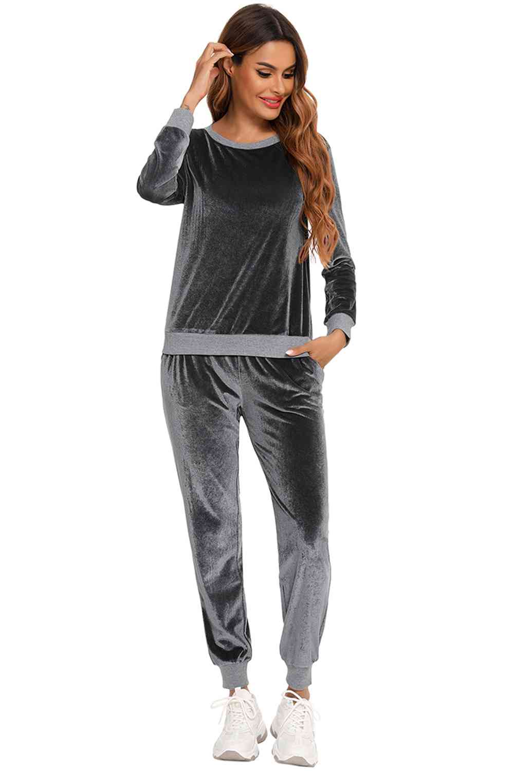 Round Neck Long Sleeve Loungewear Set with Pockets Lingerie