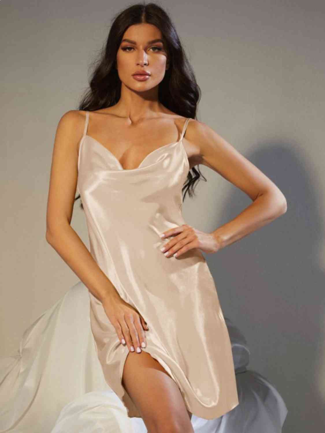 Spaghetti Strap Cowl Neck Satin Night Dress Lingerie