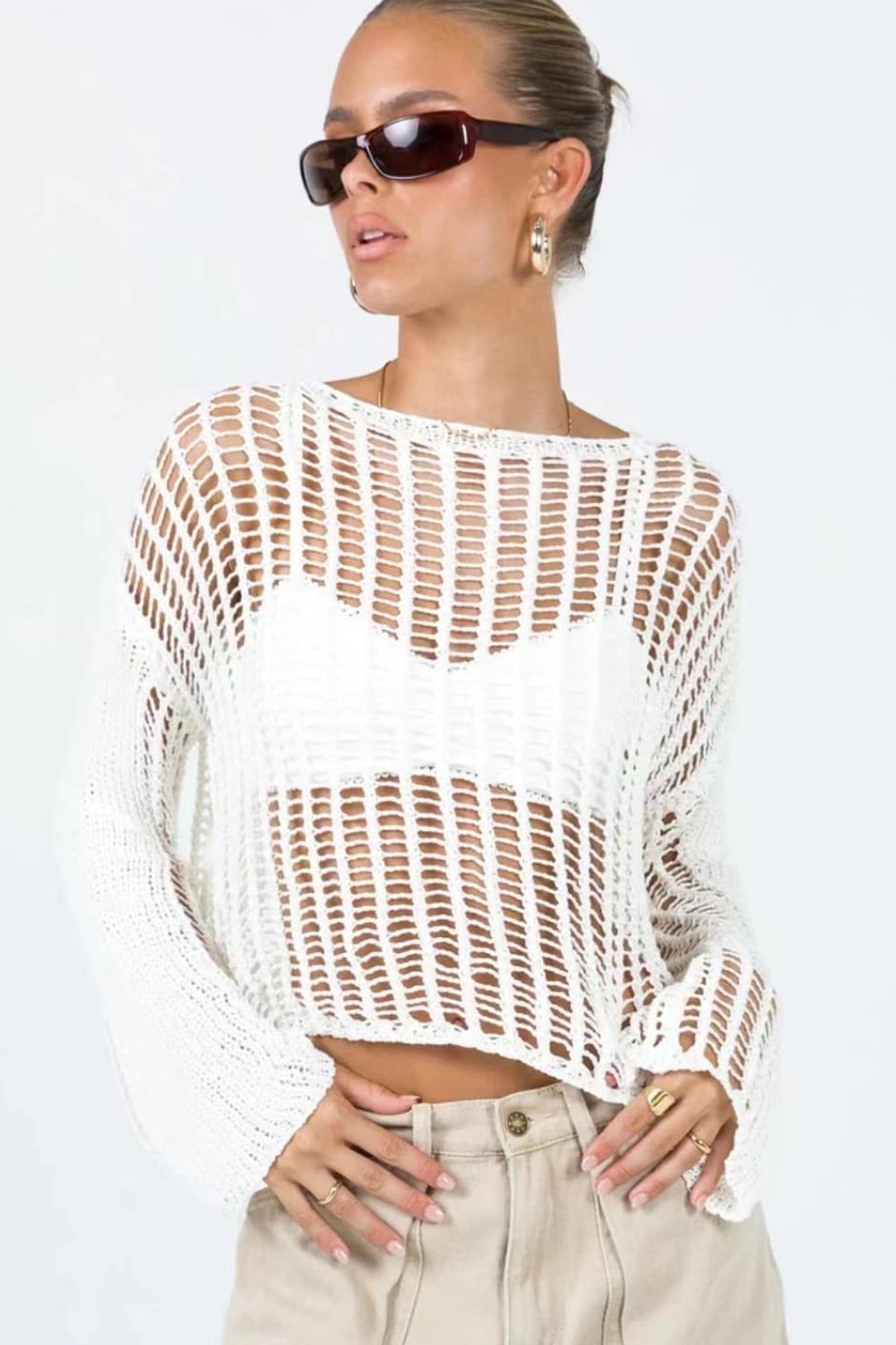 Openwork Boat Neck Long Sleeve Cover Up Shirt