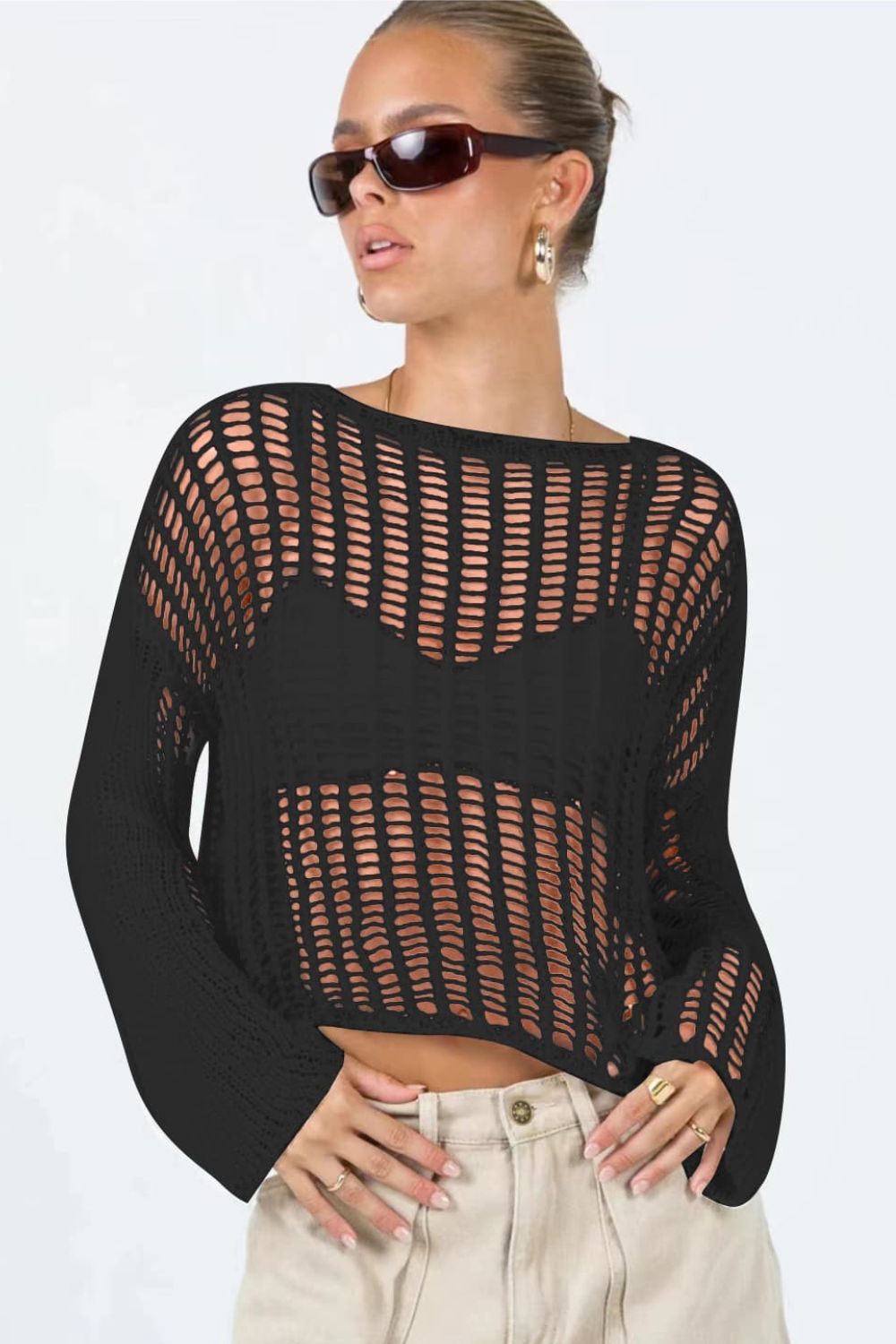 Openwork Boat Neck Long Sleeve Cover Up Shirt