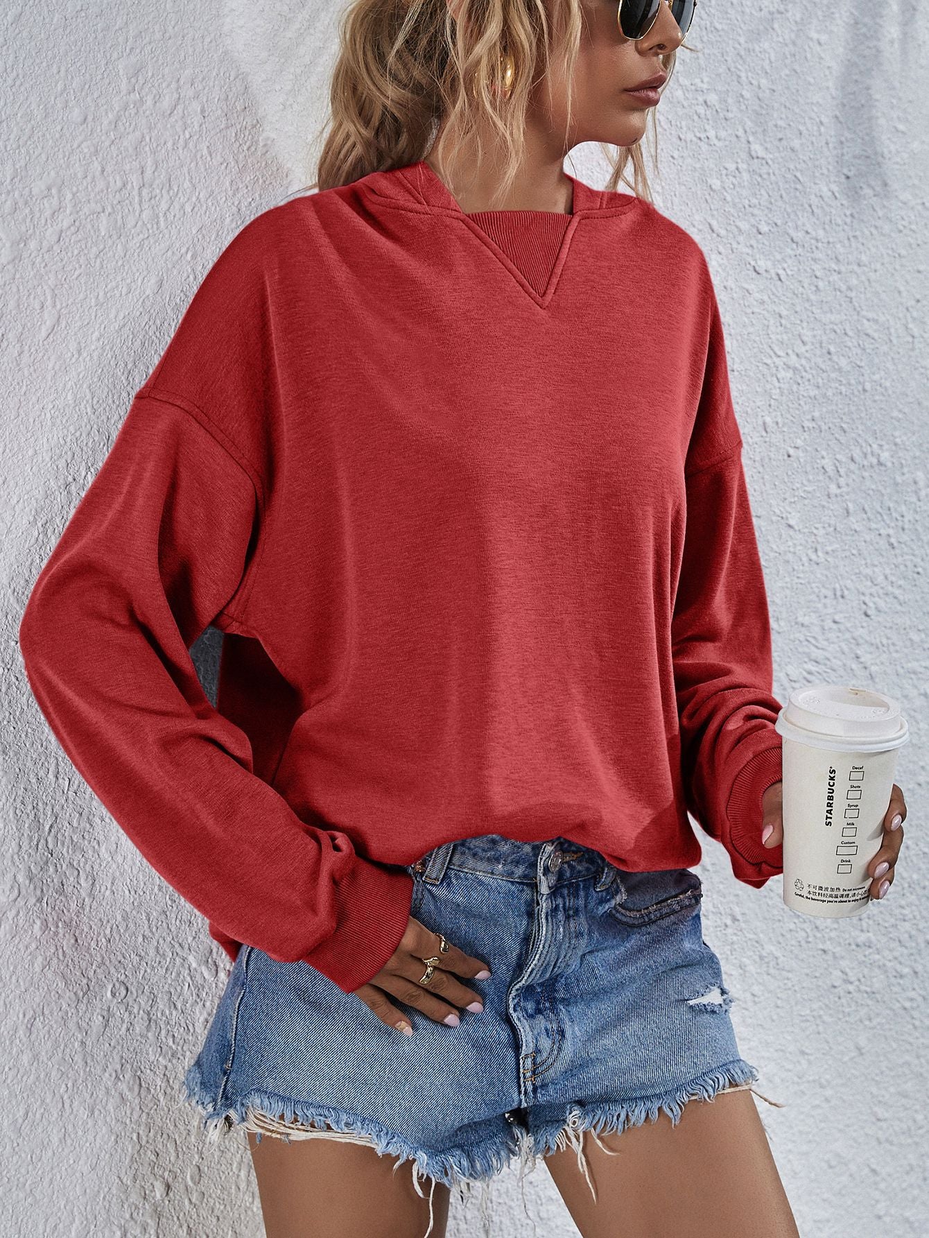 Dropped Shoulder Slit Hoodie Top Shirt