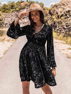 Floral V-Neck Flare Sleeve Mini Dress