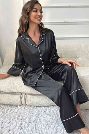 Contrast Piping Button-Up Top and Pants Pajama Set Lingerie