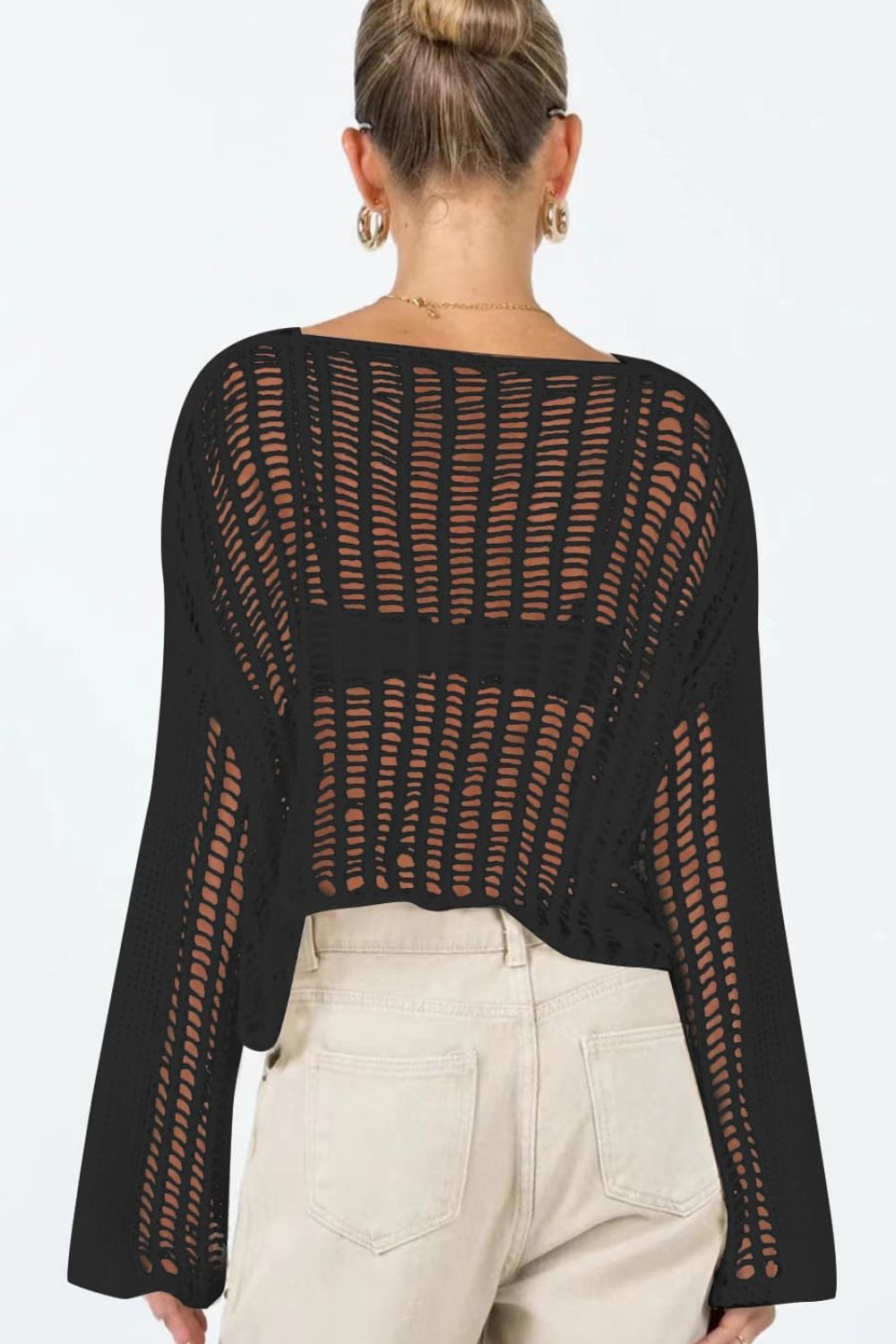 Openwork Boat Neck Long Sleeve Cover Up Shirt