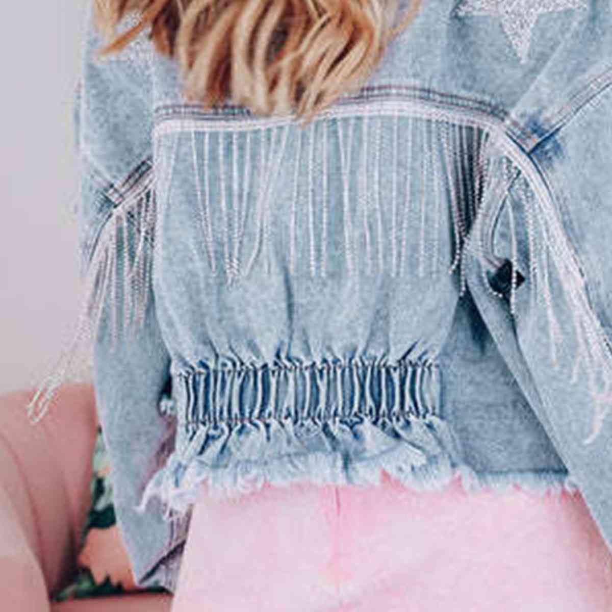 Star Raw Hem Fringe Detail Denim Jacket Top Shirt