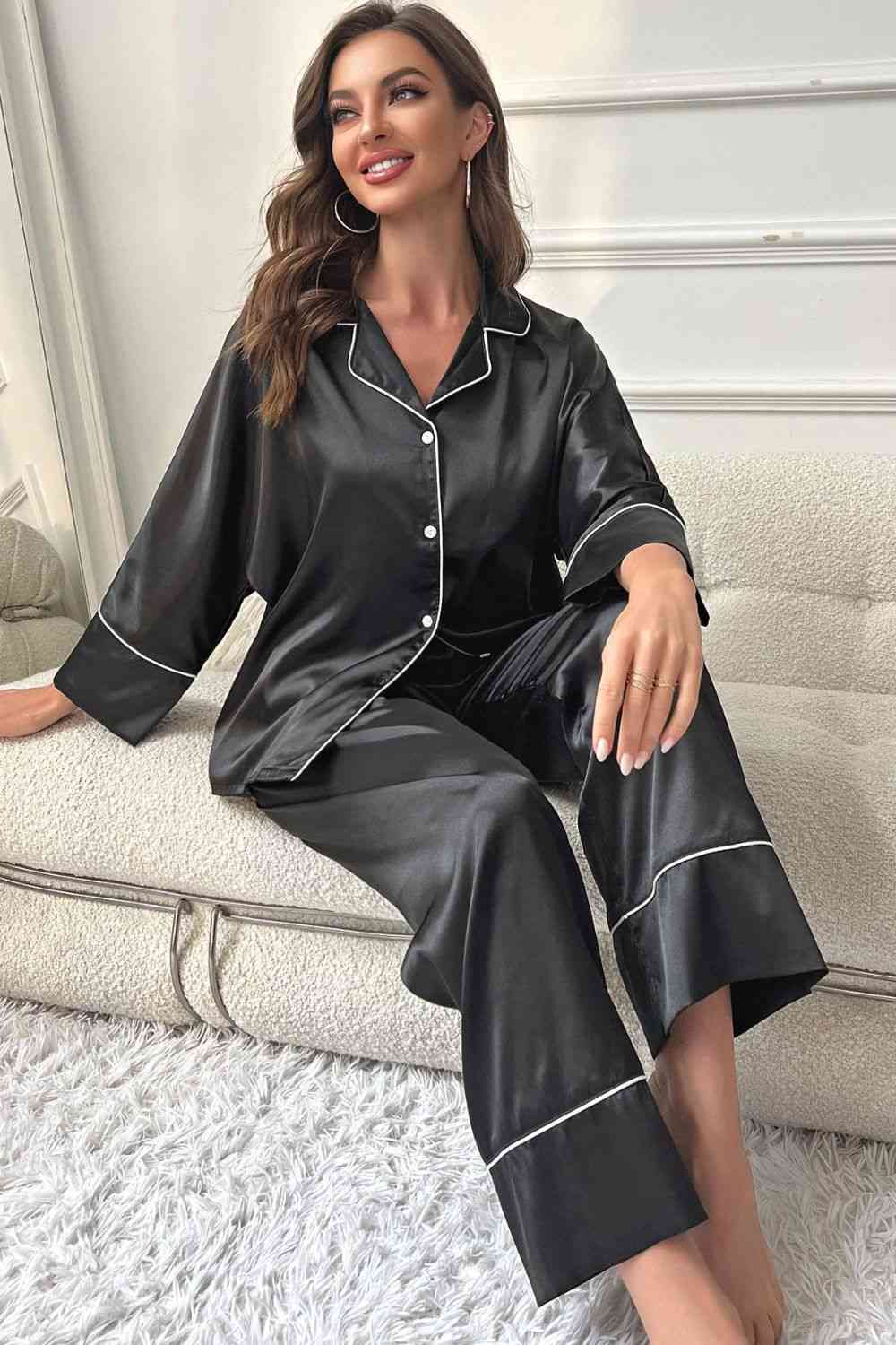 Contrast Piping Button-Up Top and Pants Pajama Set Lingerie