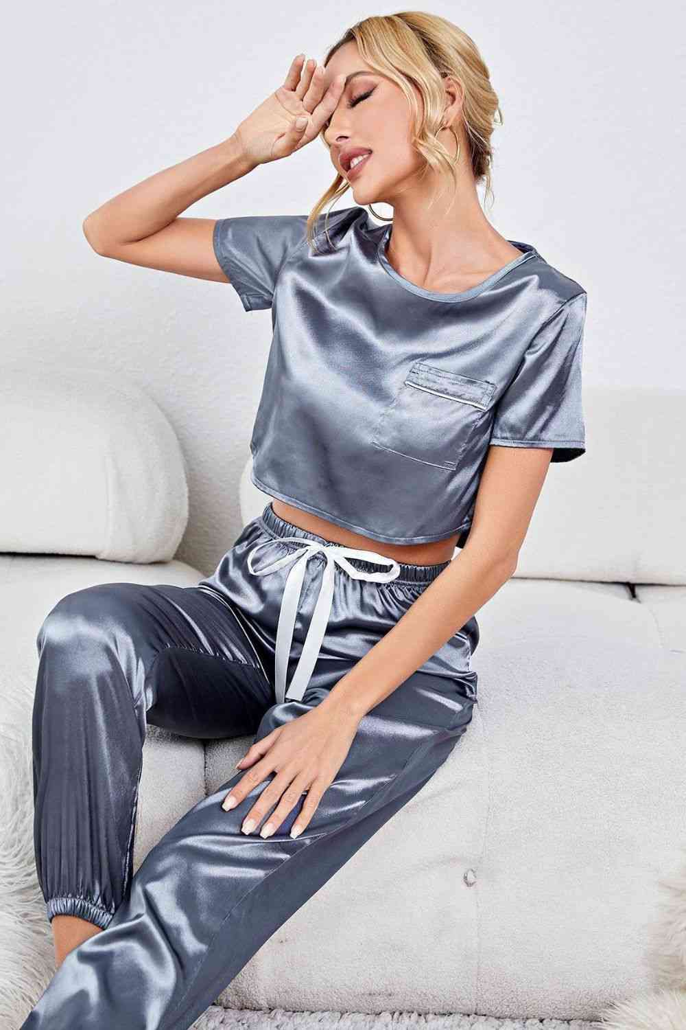 Satin Short Sleeve Crop Top and Joggers Lounge Set Lingerie