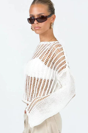 Openwork Boat Neck Long Sleeve Cover Up Shirt