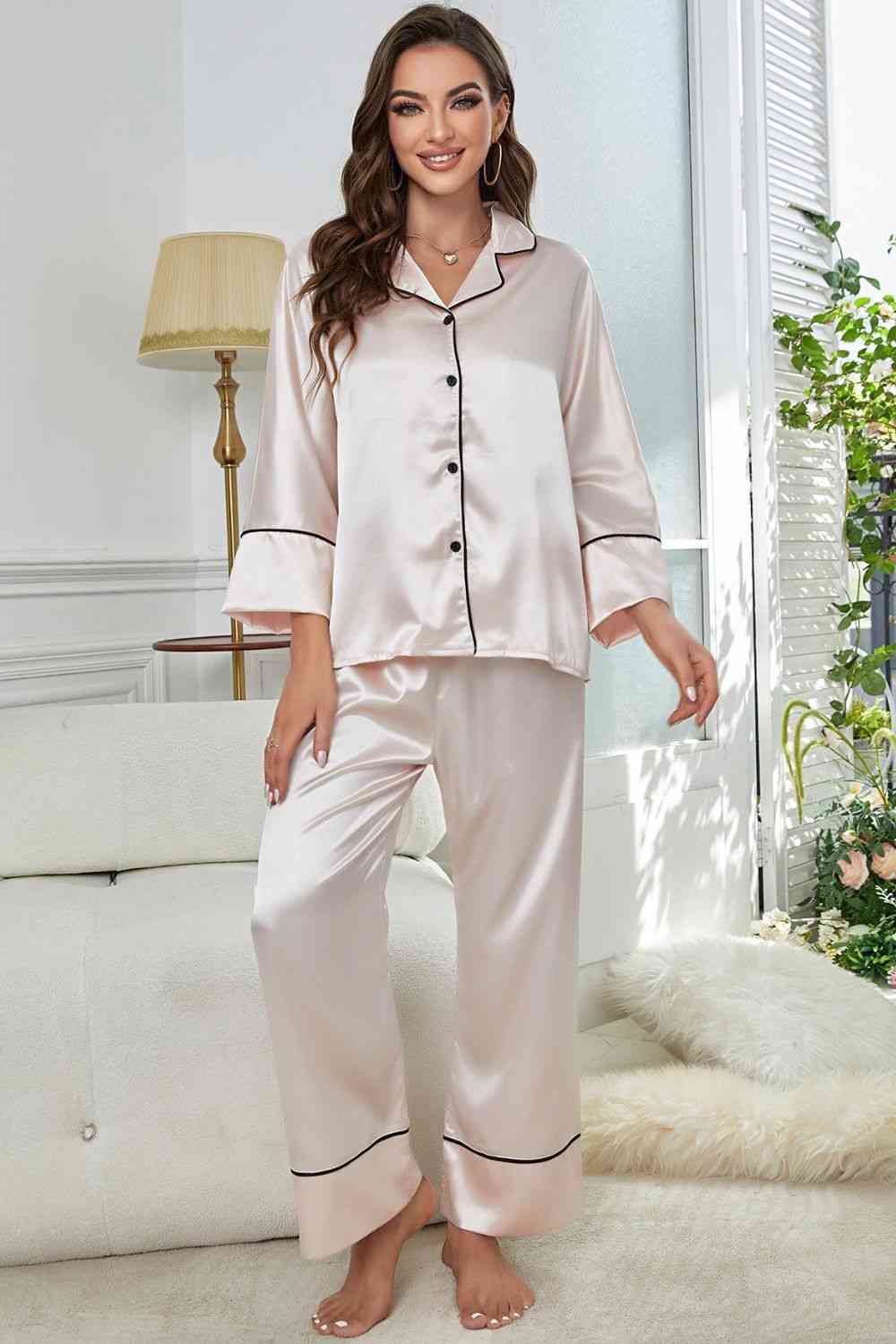 Contrast Piping Button-Up Top and Pants Pajama Set Lingerie