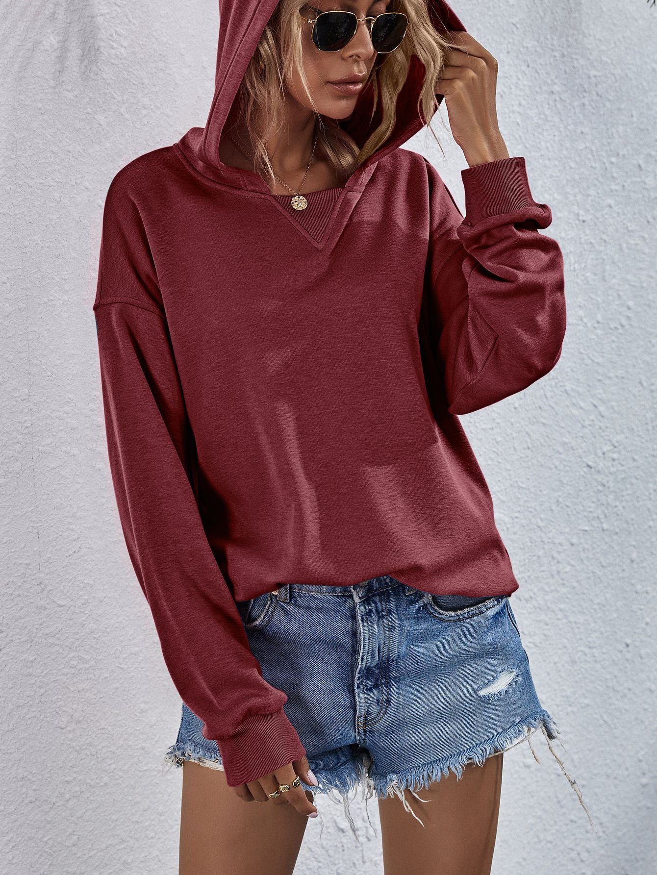 Dropped Shoulder Slit Hoodie Top Shirt