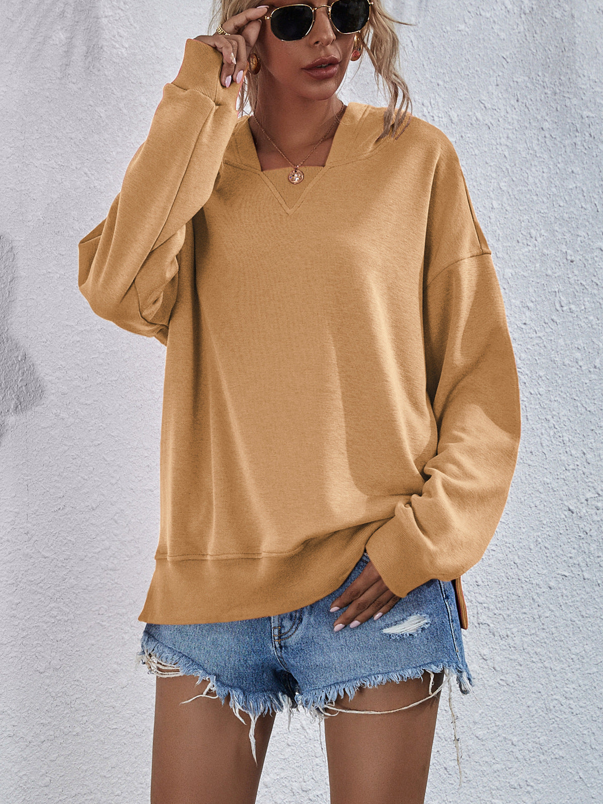 Dropped Shoulder Slit Hoodie Top Shirt