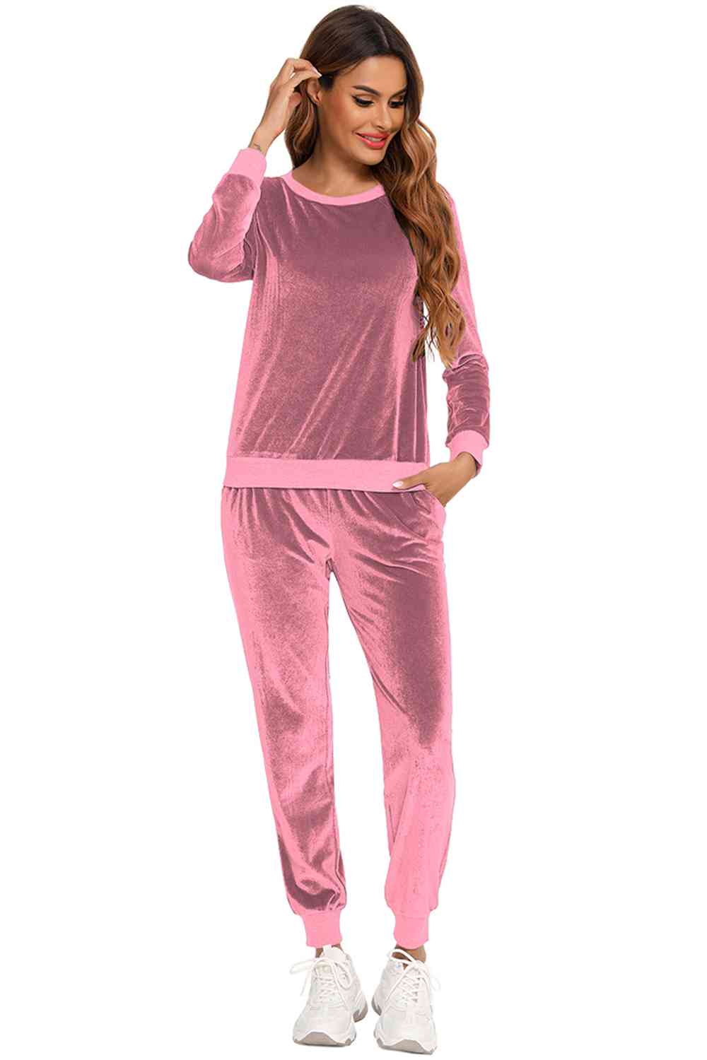 Round Neck Long Sleeve Loungewear Set with Pockets Lingerie