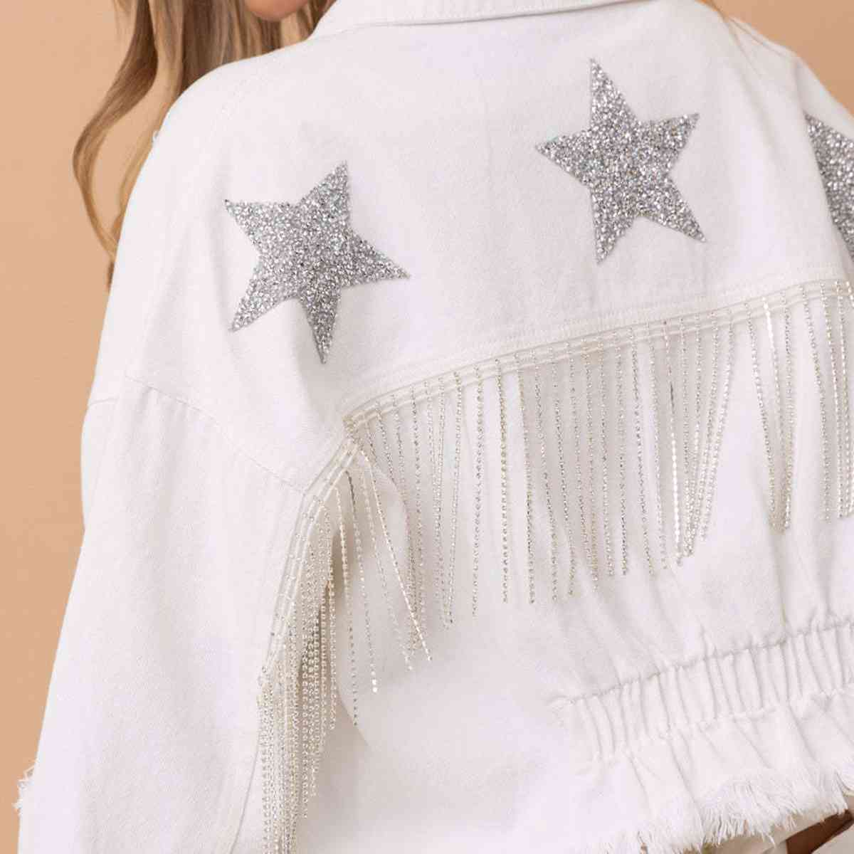 Star Raw Hem Fringe Detail Denim Jacket Top Shirt