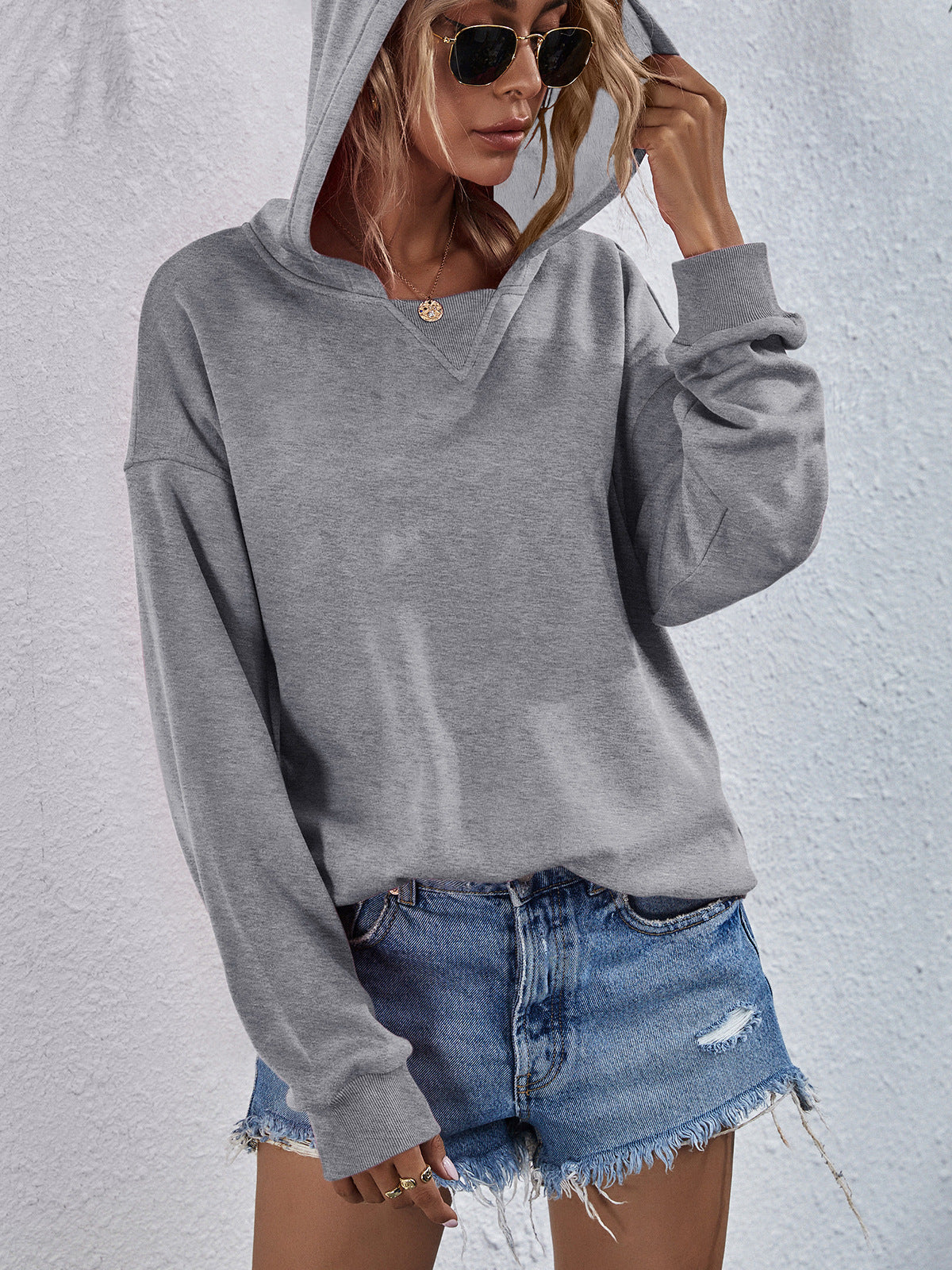 Dropped Shoulder Slit Hoodie Top Shirt