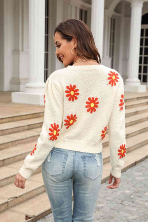 Flower Pattern Round Neck Short Sleeve Pullover Sweater