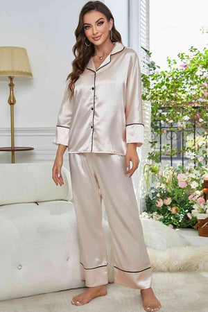 Contrast Piping Button-Up Top and Pants Pajama Set Lingerie