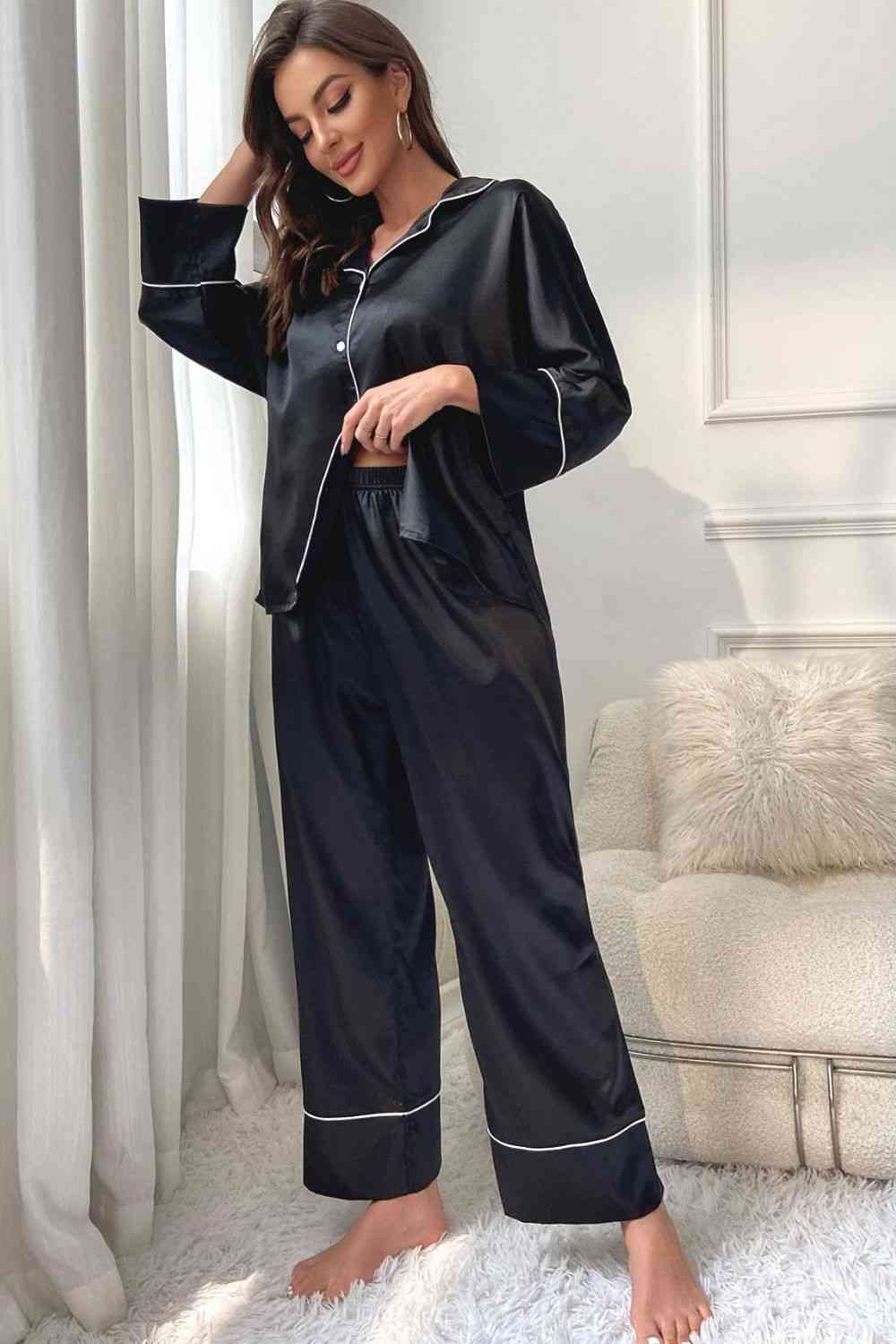 Contrast Piping Button-Up Top and Pants Pajama Set Lingerie