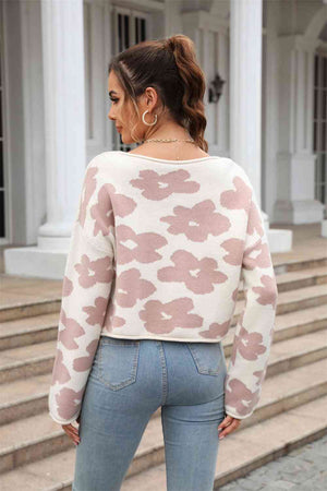 Round Neck Flower Pattern Dropped Shoulder Pullover Sweater